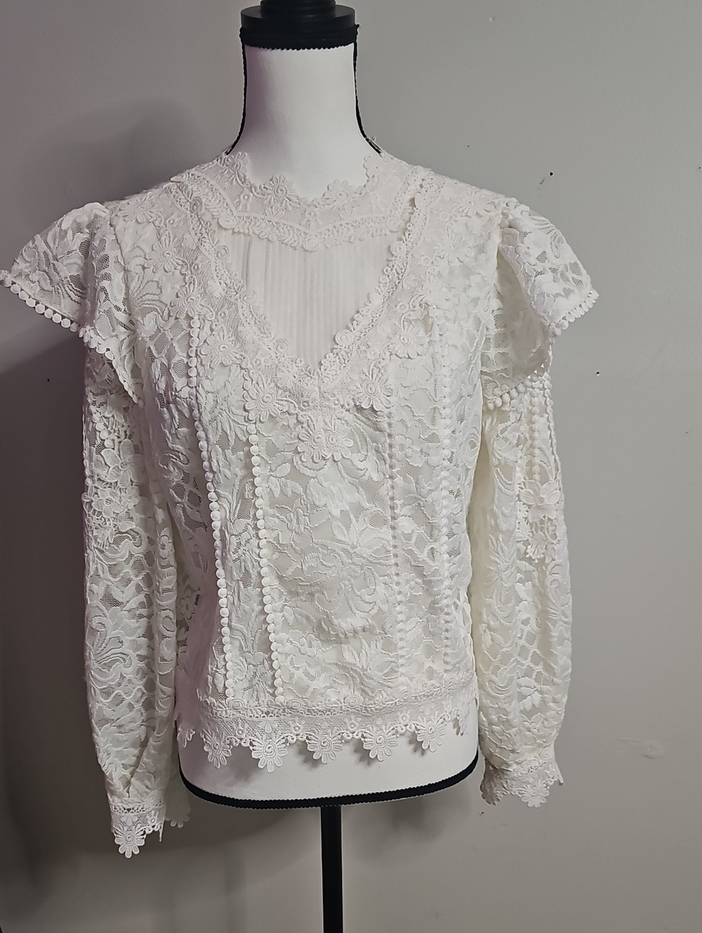 Ultra Pink White Lace V-Neck Long Sleeve Blouse